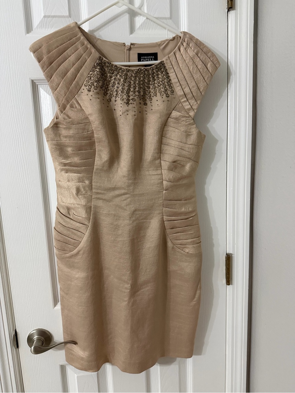 Adrianna Papell Beaded Neckline Pleated Champagne Midi Dress